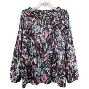 Talbots Black Blue Pink Feather Print Smocked Neck Top Size XL Elastic Sleeves